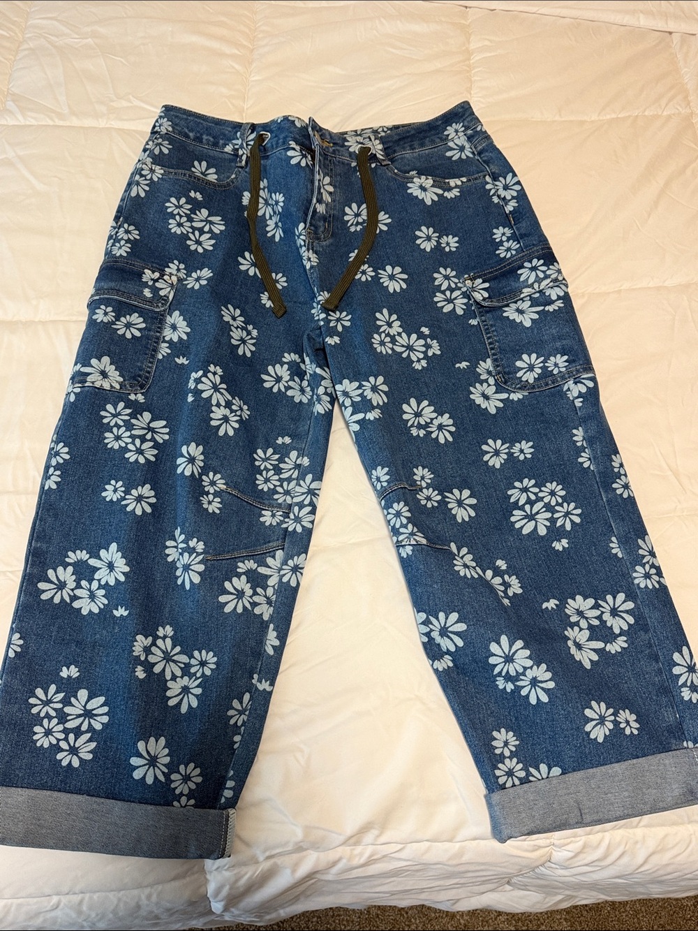 Floral Print Roll Hem Drawstring High Waist Barrel Leg Crop Jeans size 2XL 14/16